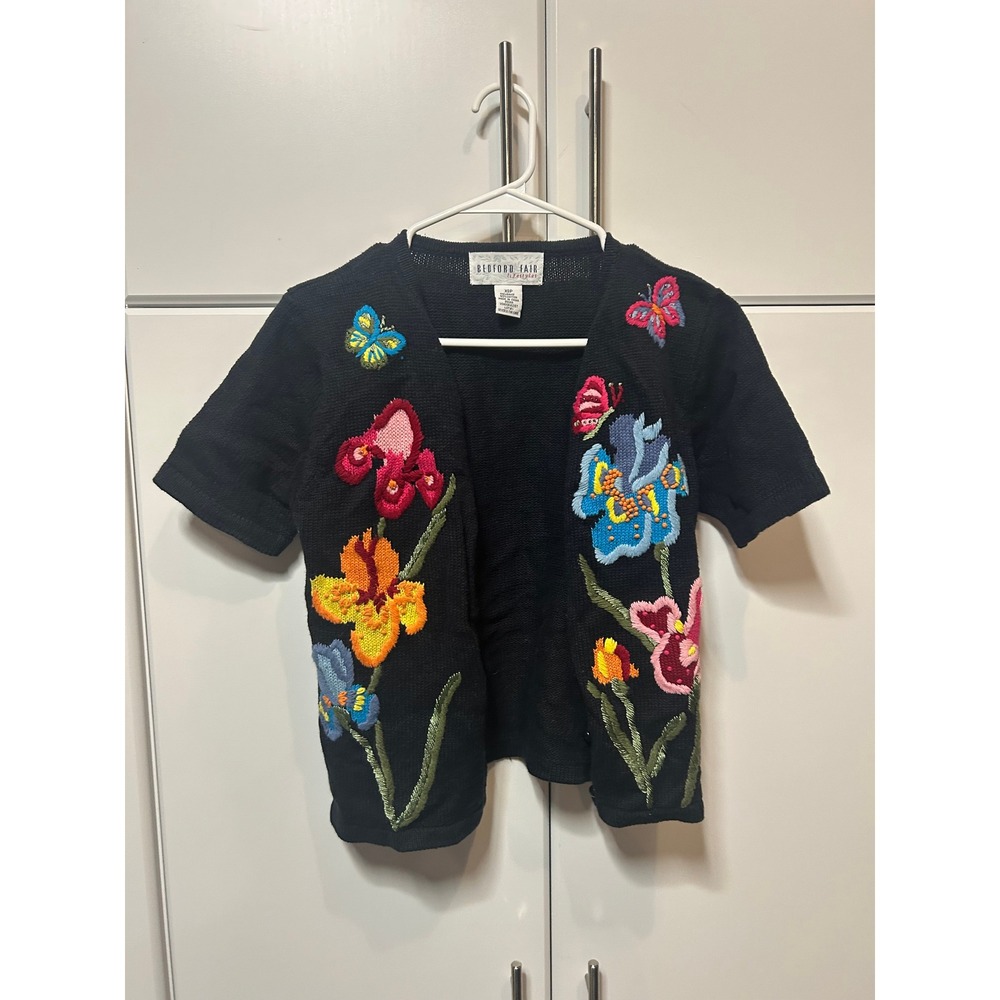 Bedford Fair Lifestyles Black Embroidered Floral Butterfly Cardigan Sweater XSP
